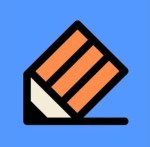 An illustration of a sharpened pencil with several orange stripes on a light blue background.
